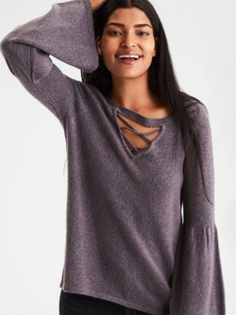 AMERICAN EAGLE Purple Knit Bell Sleeve Sweater Lace Up Boho Bohemian Hippie Fall